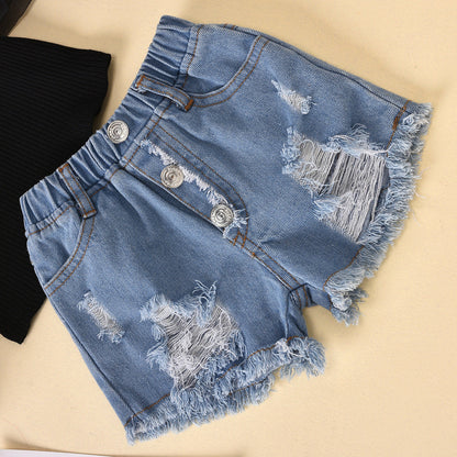 Children'S Clothing Cotton Dot Mesh Sleeves Striped Top Ripped Denim Shorts Kids Suit - AQIB TECH LTD