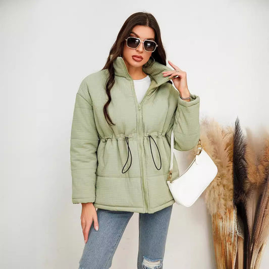 Women's Zipper Cinched Drawstring Cotton Coat Jacket - AQIB TECH LTD