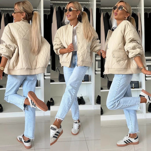 Women's Solid Color Long Sleeved Cotton Padded Jacket - AQIB TECH LTD