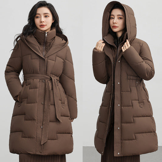 Women's Winter New Waist Trimming Fashion Mid-length Hooded Below-the-knee Coat - AQIB TECH LTD